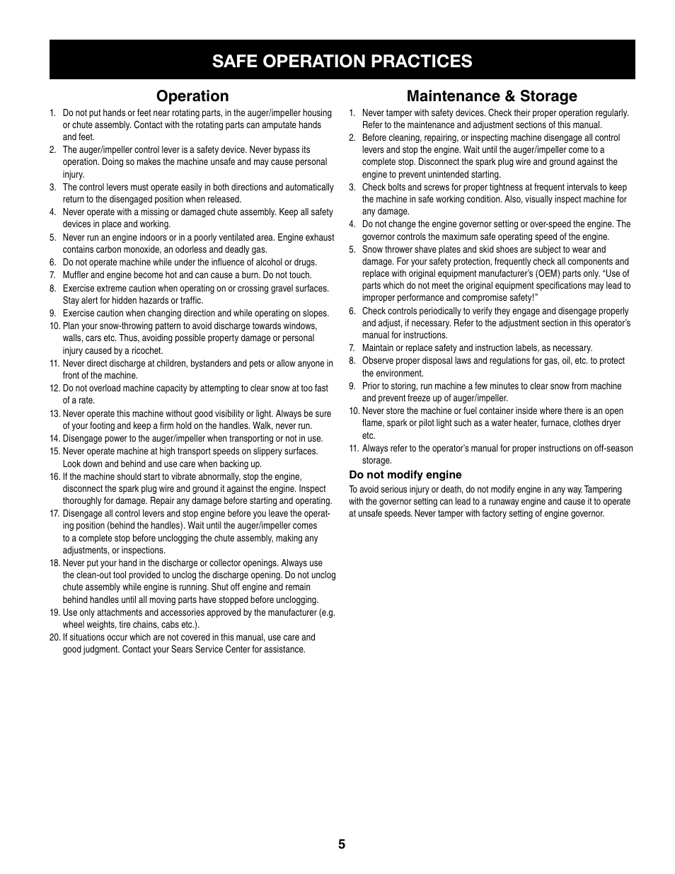 Safe operation practices, Operation, Maintenance & storage | Craftsman 247.8879 User Manual | Page 5 / 60