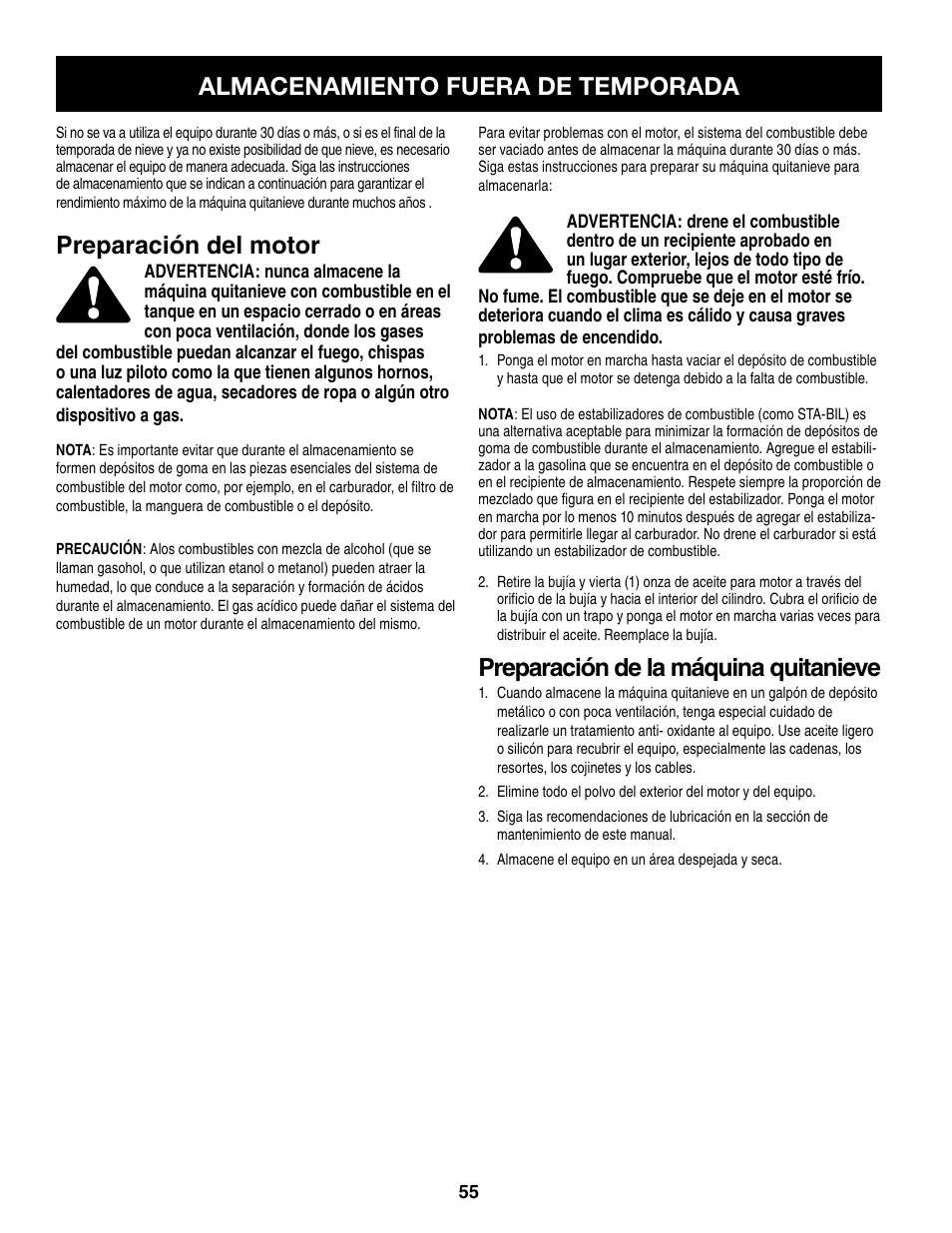 Almacenamiento fuera de temporada, Preparación del motor, Preparación de la máquina quitanieve | Craftsman 247.8879 User Manual | Page 55 / 60