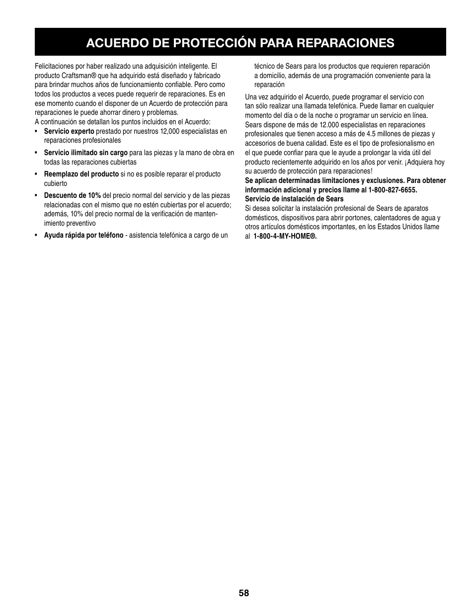 Acuerdo de protección para reparaciones | Craftsman 247.8879 User Manual | Page 58 / 60