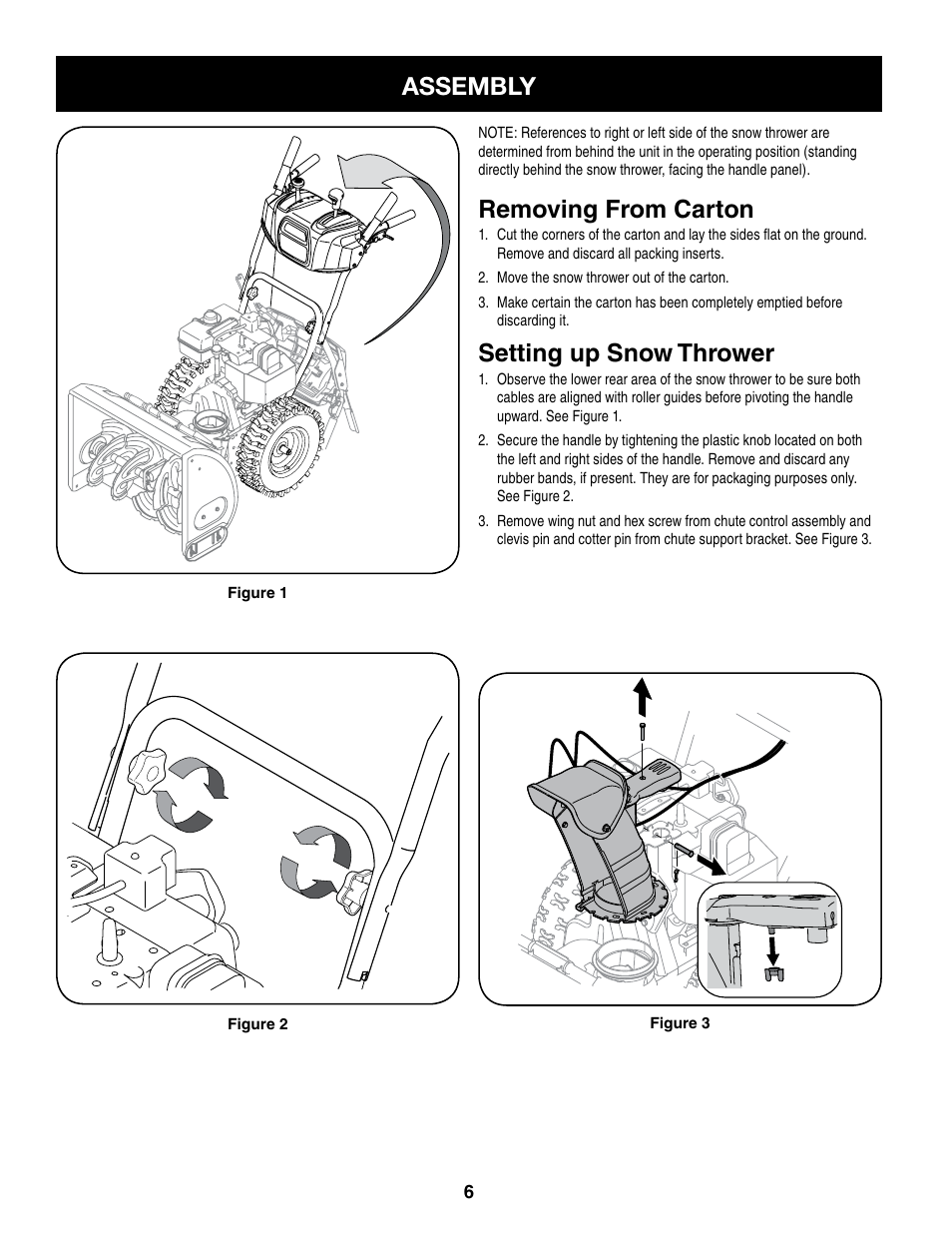 Assembly, Removing from carton, Setting up snow thrower | Craftsman 247.8879 User Manual | Page 6 / 60