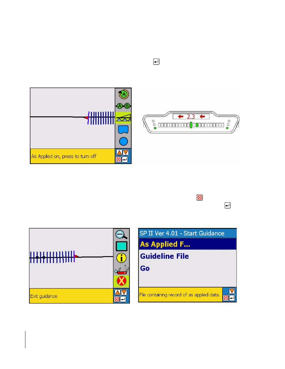 Turning on applied swath, Exiting real-time guidance | TeeJet SmartPad II User Guide User Manual | Page 102 / 204