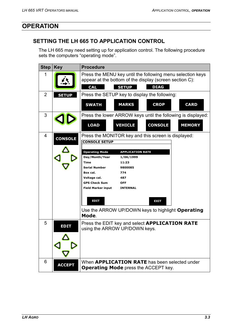Operation, Setting the lh 665 to application control | TeeJet LH665 VRT User Manual | Page 19 / 72