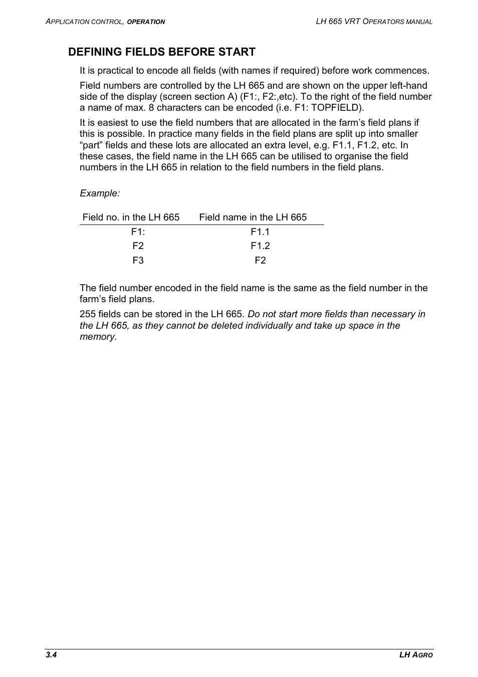Defining fields before start | TeeJet LH665 VRT User Manual | Page 20 / 72