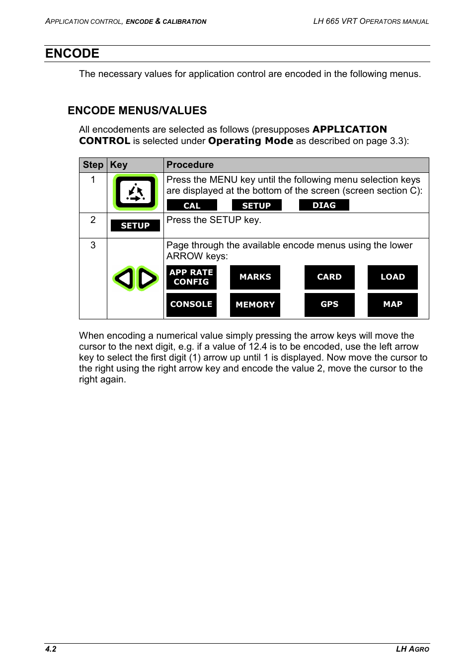 Encode, Encode menus/values | TeeJet LH665 VRT User Manual | Page 36 / 72