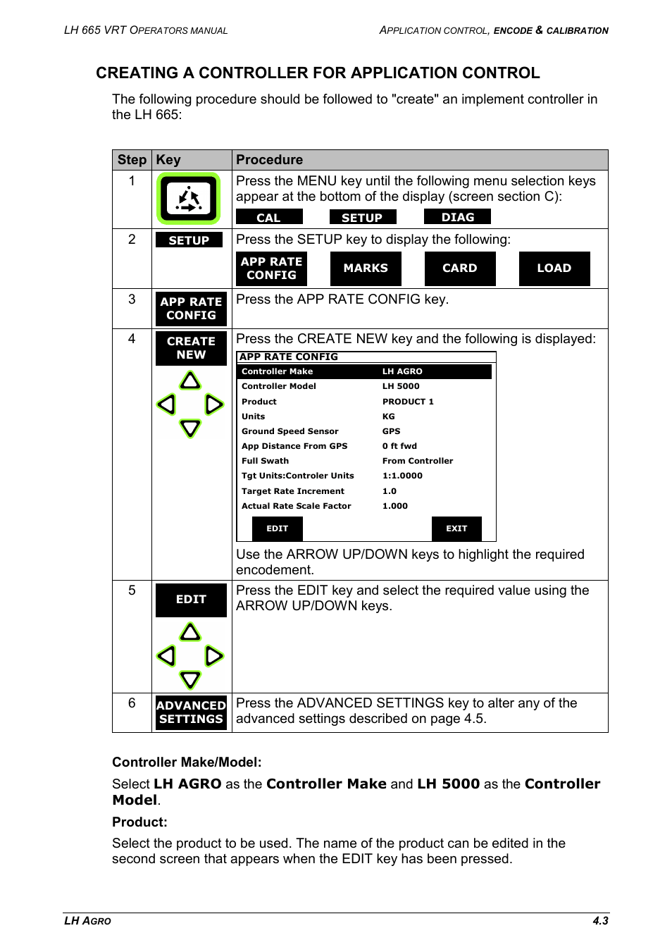 Creating a controller for application control, Press the setup key to display the following, Press the app rate config key. 4 | TeeJet LH665 VRT User Manual | Page 37 / 72