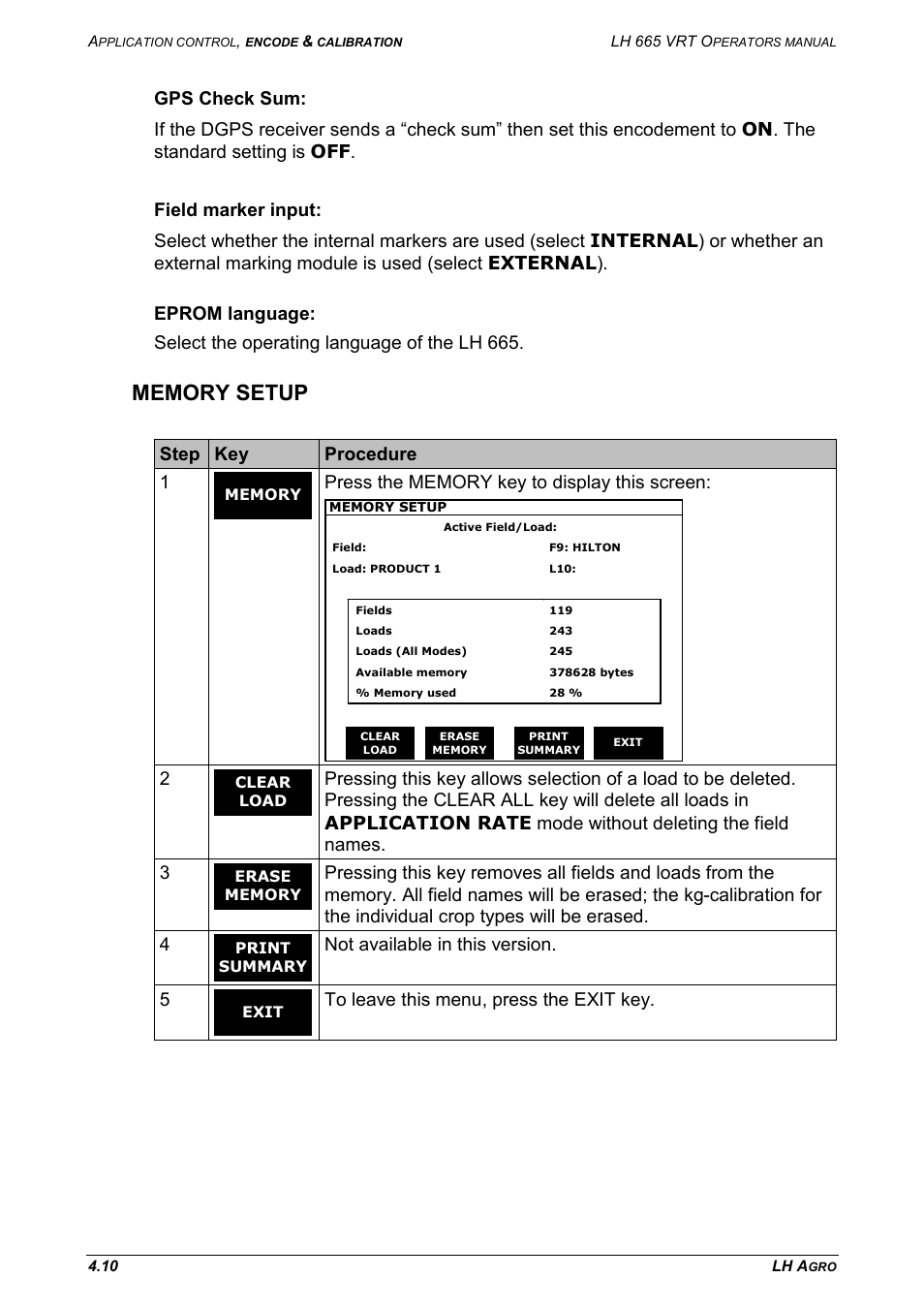 Memory setup, Step key procedure 1, Not available in this version. 5 | TeeJet LH665 VRT User Manual | Page 44 / 72