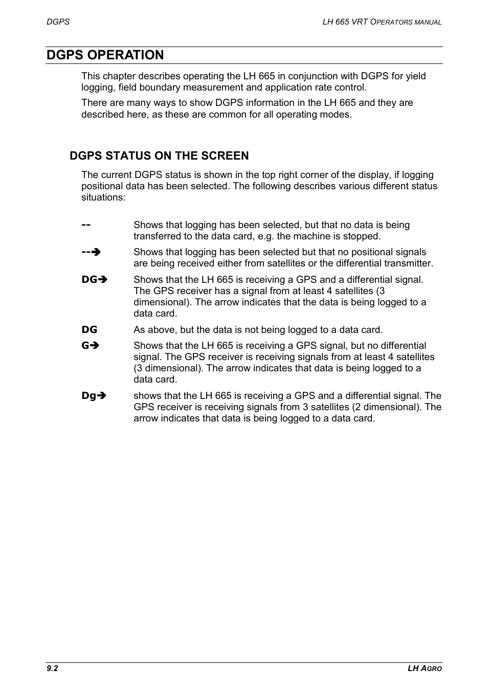 Dgps operation, Dgps status on the screen | TeeJet LH665 VRT User Manual | Page 52 / 72