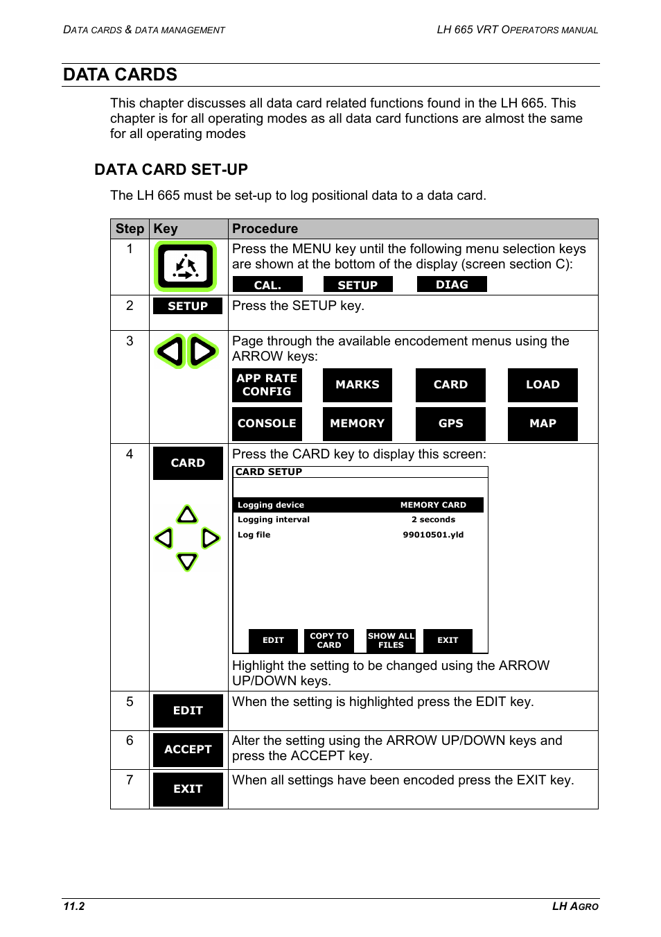 Data cards, Data card set-up, Press the card key to display this screen | TeeJet LH665 VRT User Manual | Page 58 / 72