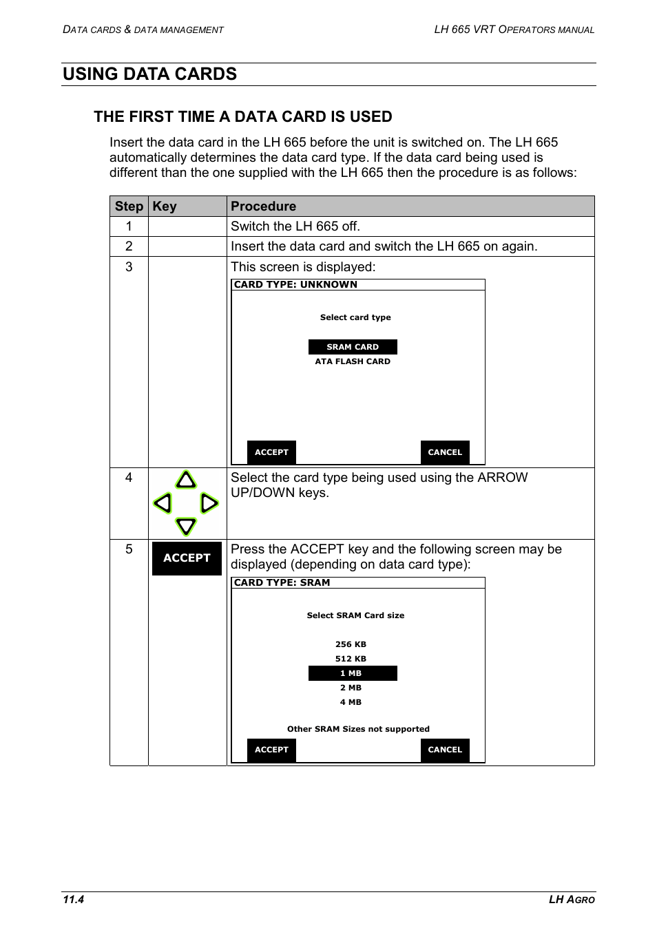 Using data cards, The first time a data card is used | TeeJet LH665 VRT User Manual | Page 60 / 72
