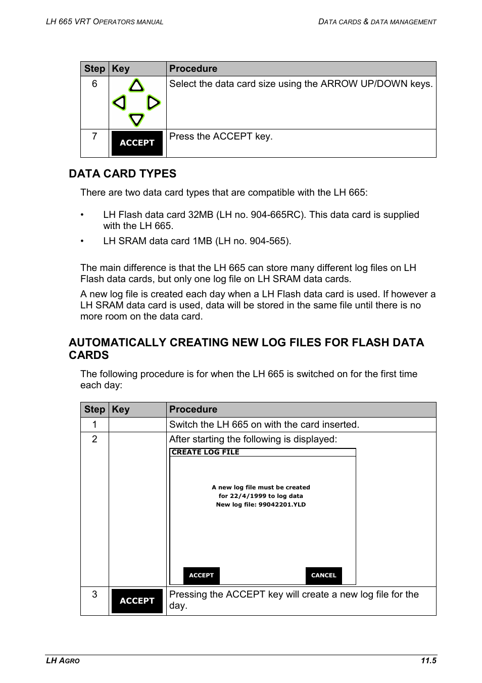 Data card types, Press the accept key | TeeJet LH665 VRT User Manual | Page 61 / 72