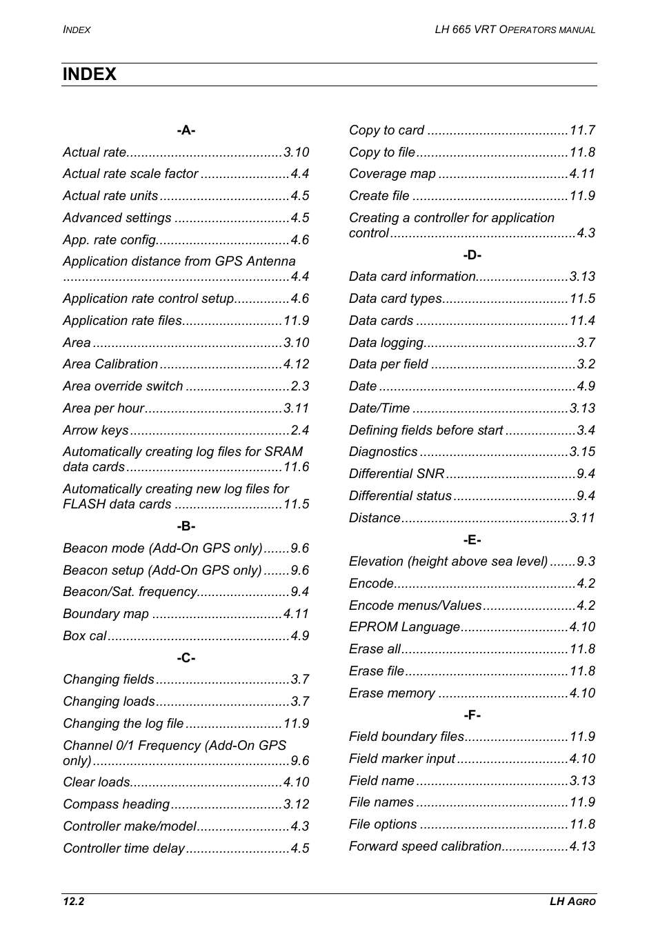 Index | TeeJet LH665 VRT User Manual | Page 68 / 72