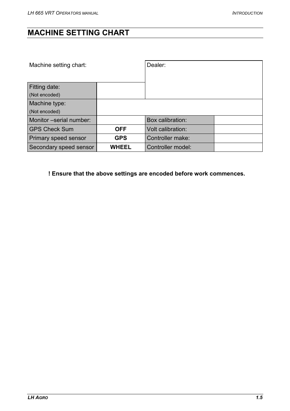 Machine setting chart | TeeJet LH665 VRT User Manual | Page 9 / 72