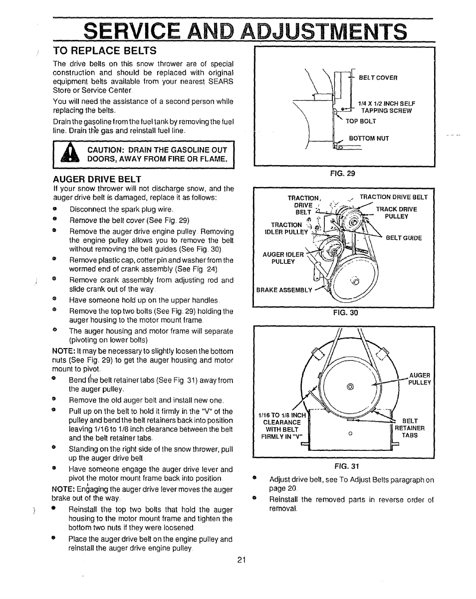 Service and adjustments, To replace belts, Auger drive belt | Craftsman 536.885020 User Manual | Page 21 / 44