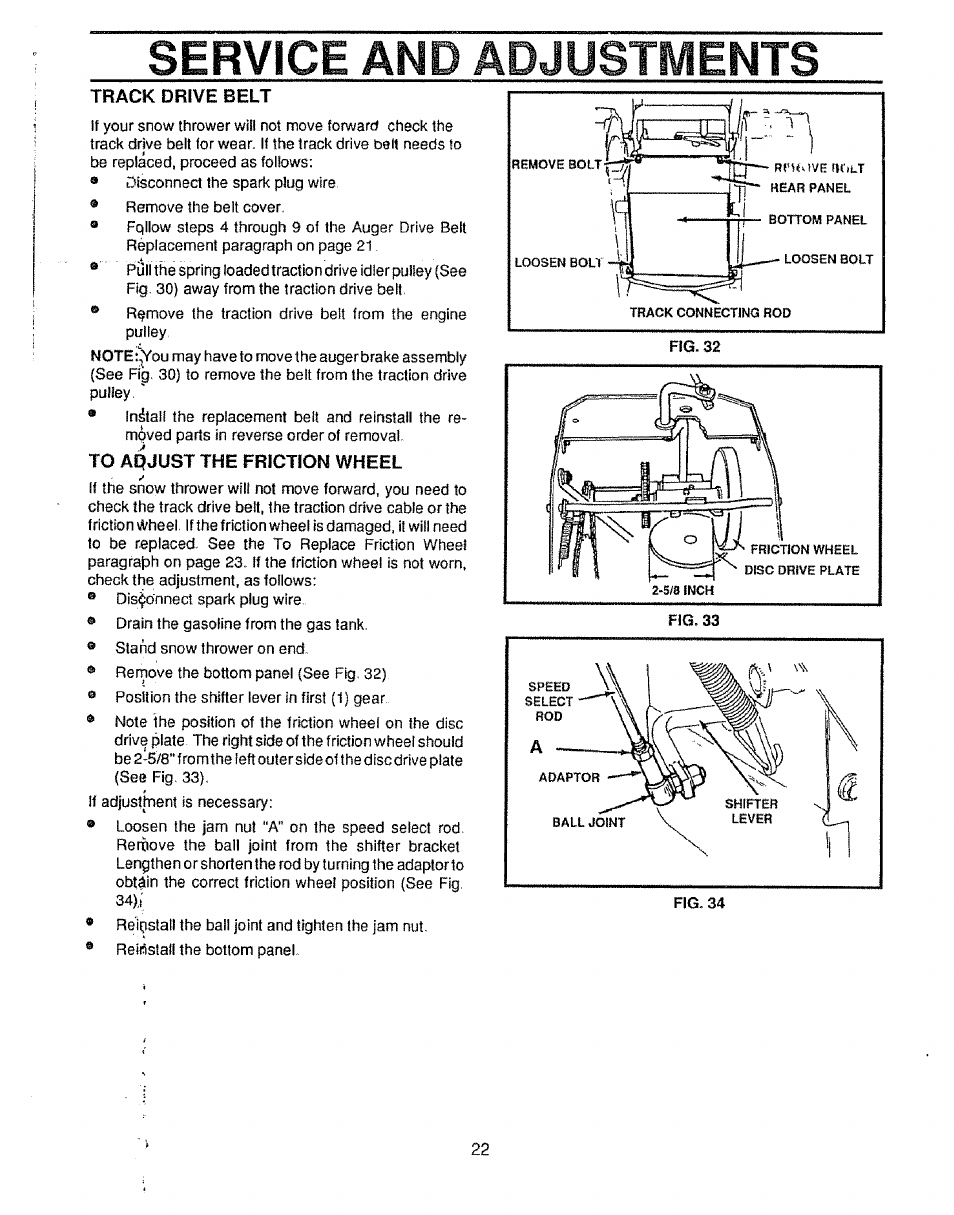 Track drive belt, To adjust the friction wheel, Service and adjustyents | Craftsman 536.885020 User Manual | Page 22 / 44