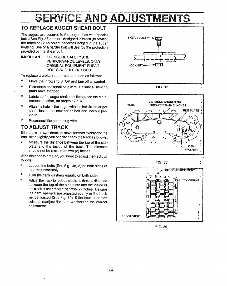 To replace auger shear bolt, To adjust track, Sibvice | And adjustments | Craftsman 536.885020 User Manual | Page 24 / 44