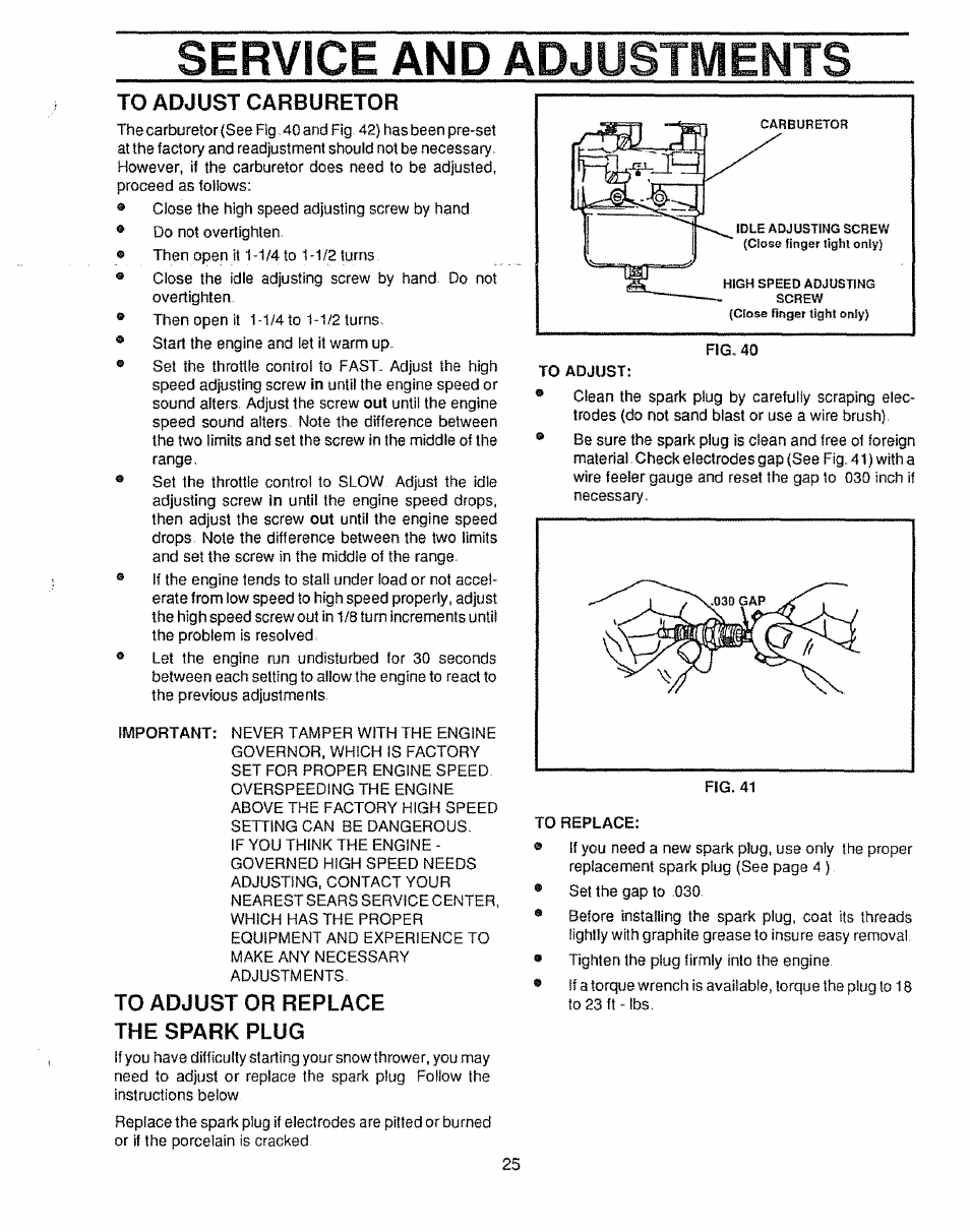 To adjust carburetor, Service and adjustments | Craftsman 536.885020 User Manual | Page 25 / 44