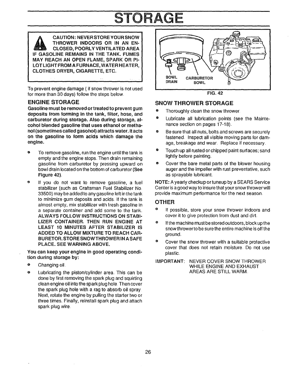 Storage, Engine storage, Snow thrower storage | Other | Craftsman 536.885020 User Manual | Page 26 / 44