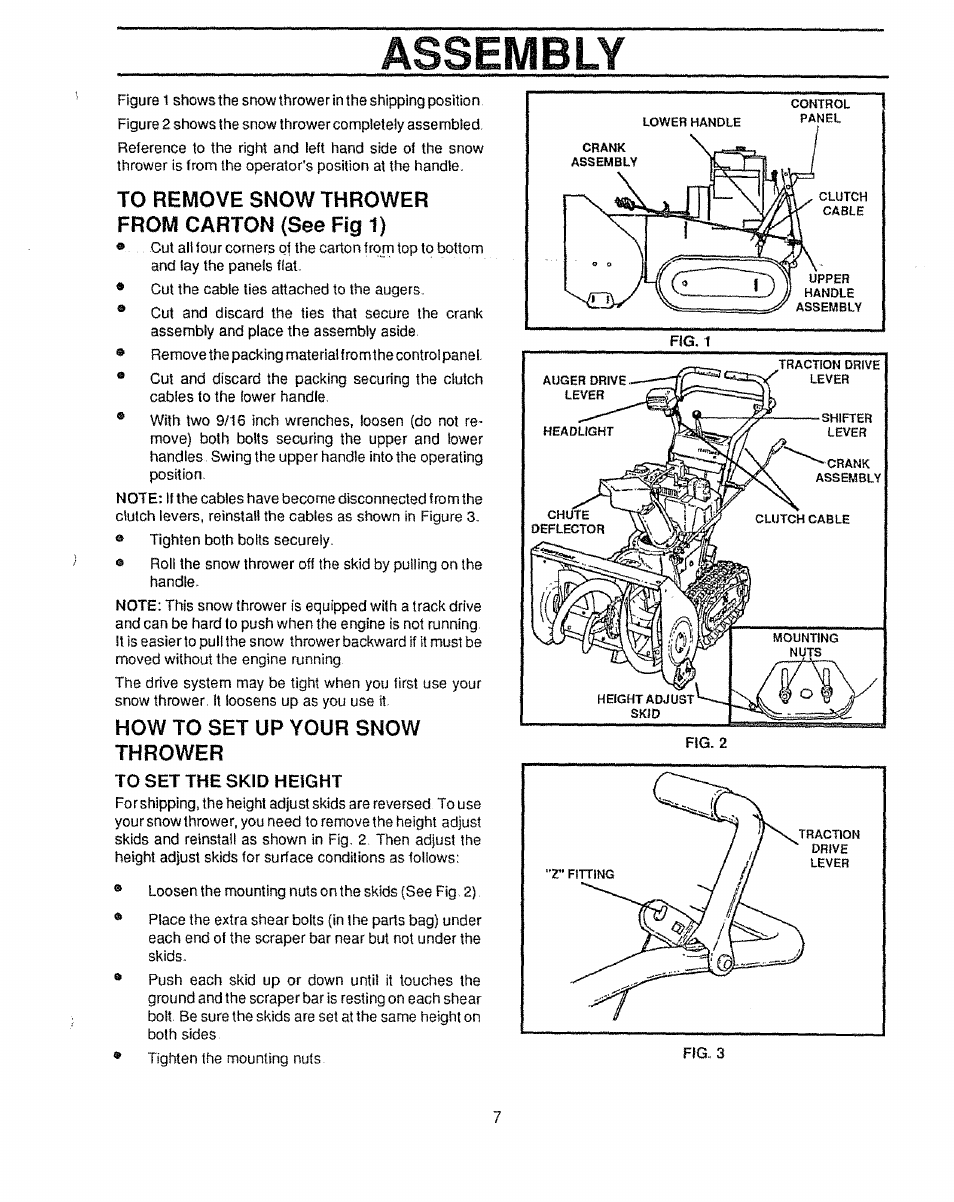 To remove snow thrower from carton (see fig 1), How to set up your snow thrower, To set the skid height | Assembly | Craftsman 536.885020 User Manual | Page 7 / 44