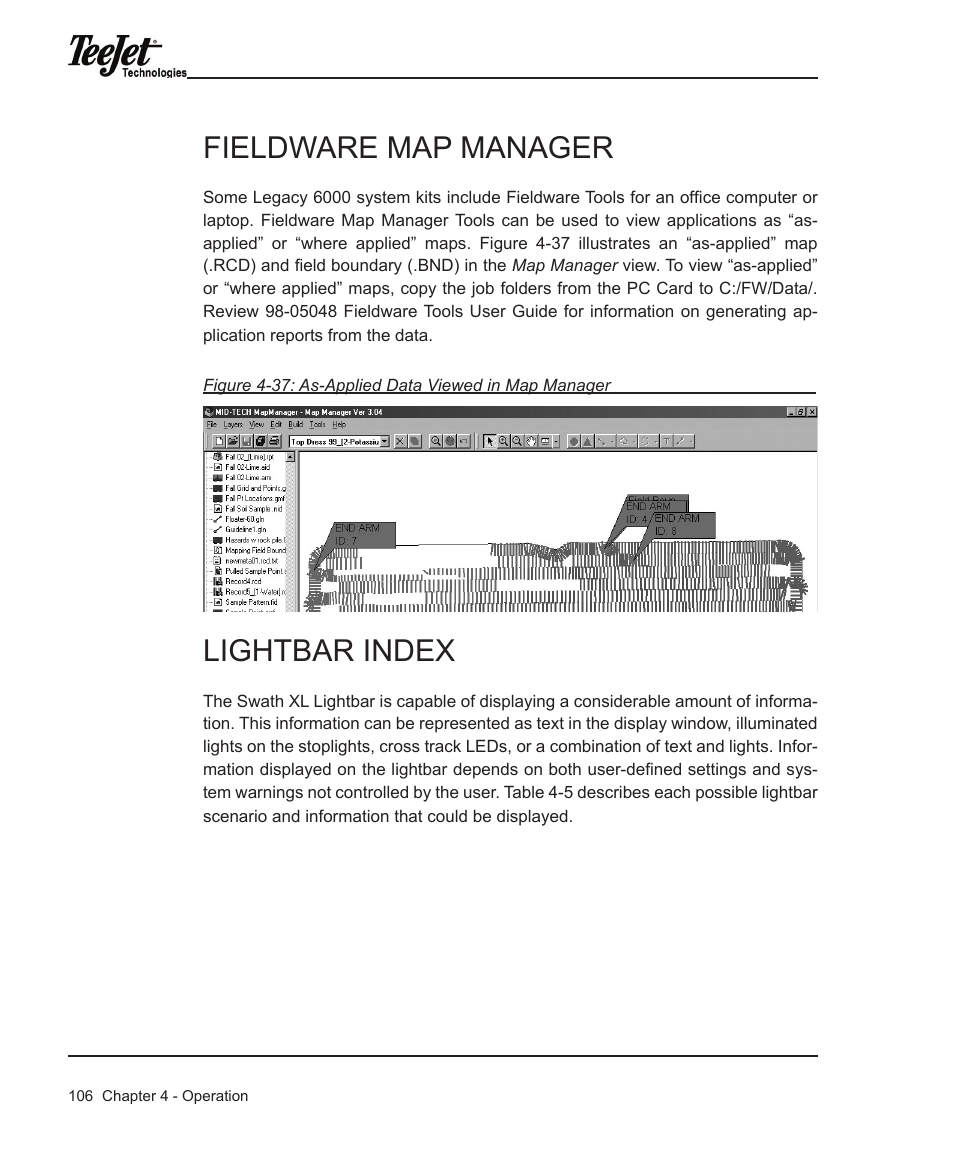 Fieldware map manager, Lightbar index | TeeJet Legacy 6000 Manual User Manual | Page 111 / 159