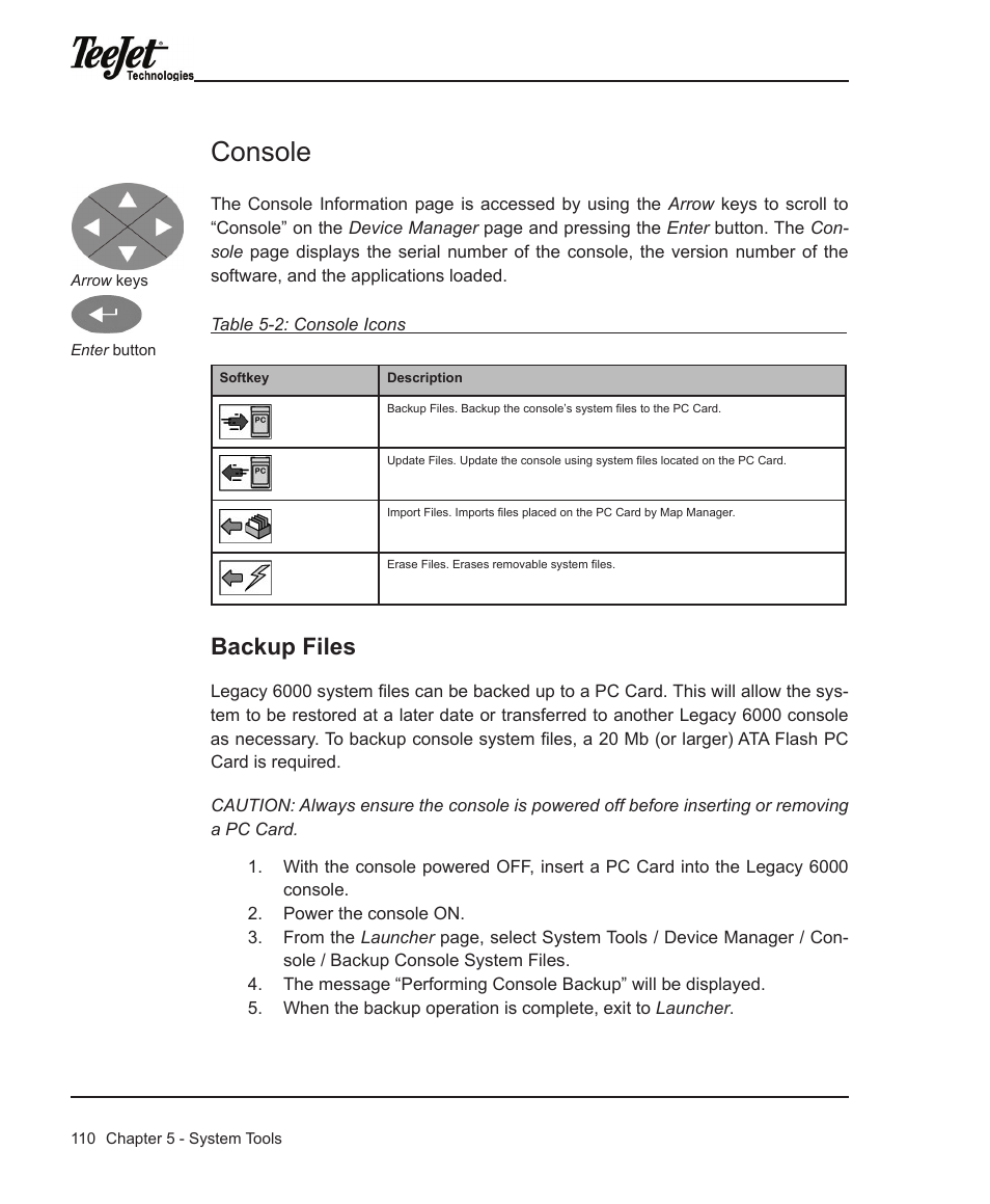 Console, Backup files | TeeJet Legacy 6000 Manual User Manual | Page 115 / 159