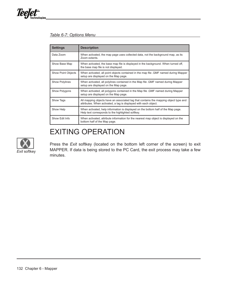 Exiting operation, Table 6-7: options menu | TeeJet Legacy 6000 Manual User Manual | Page 137 / 159