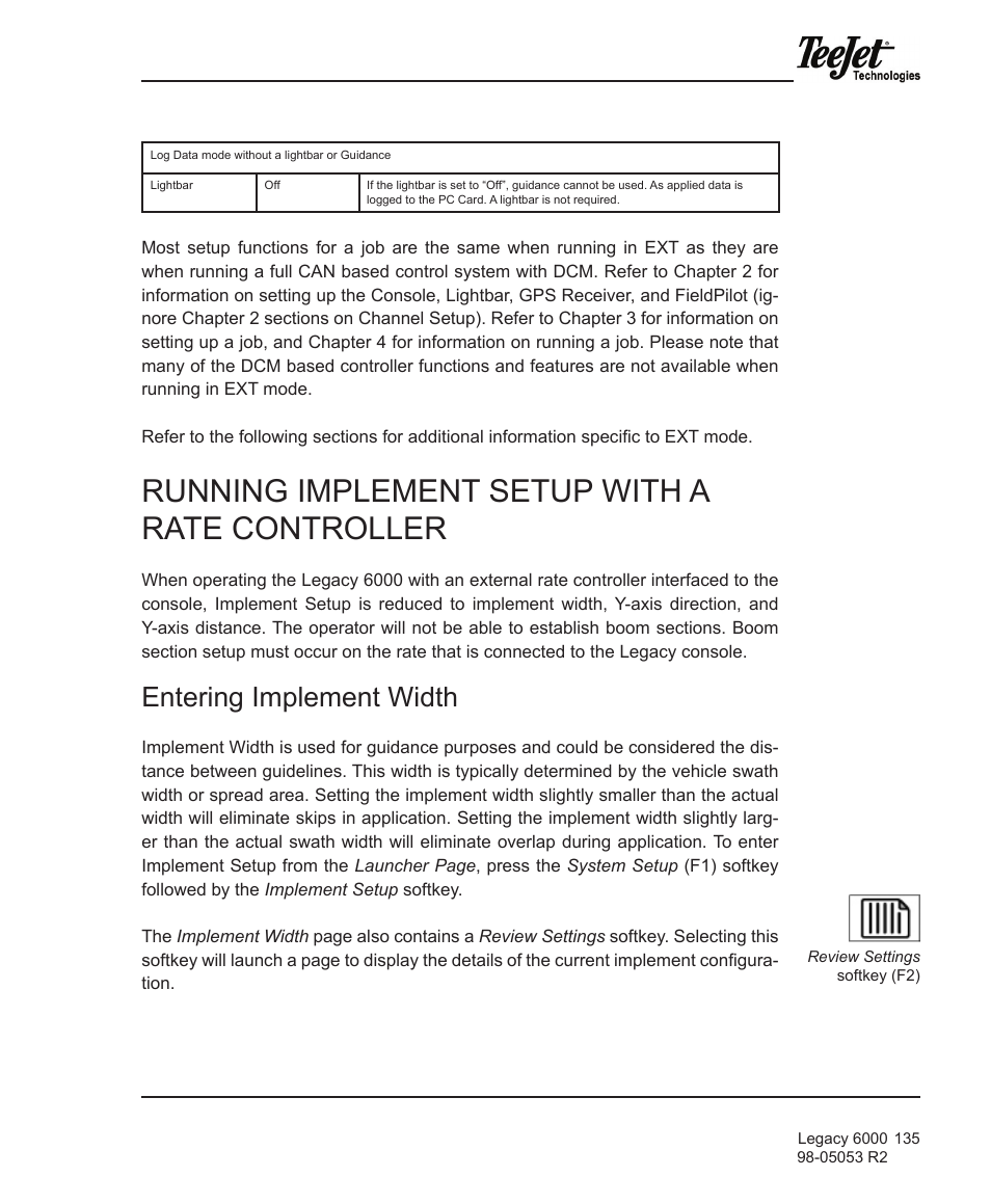 Running implement setup with a rate controller, Entering implement width | TeeJet Legacy 6000 Manual User Manual | Page 140 / 159