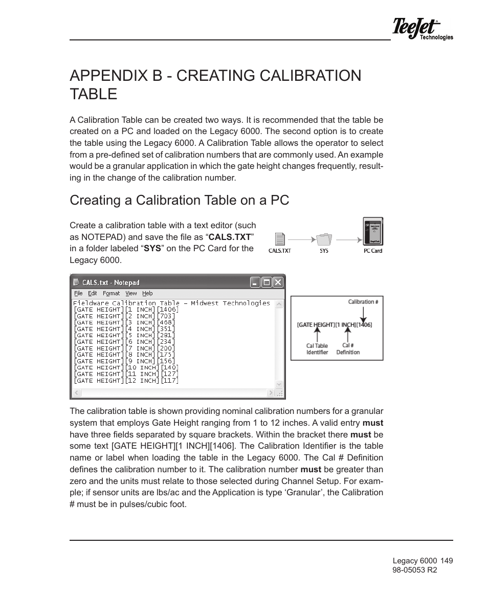Appendix b - creating calibration table, Creating a calibration table on a pc | TeeJet Legacy 6000 Manual User Manual | Page 154 / 159