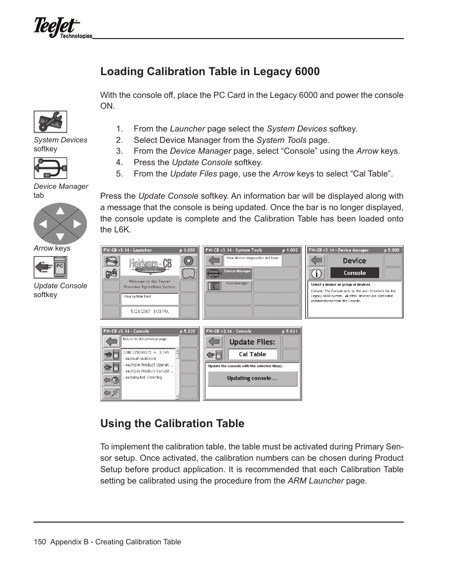 Loading calibration table in legacy 6000, Using the calibration table | TeeJet Legacy 6000 Manual User Manual | Page 155 / 159