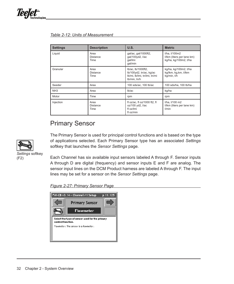 Primary sensor, Table 2-12: units of measurement | TeeJet Legacy 6000 Manual User Manual | Page 37 / 159