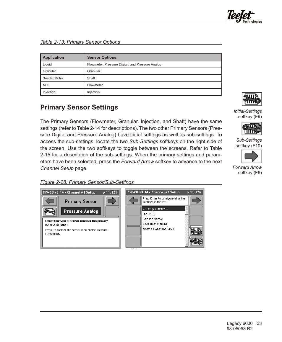Primary sensor settings | TeeJet Legacy 6000 Manual User Manual | Page 38 / 159