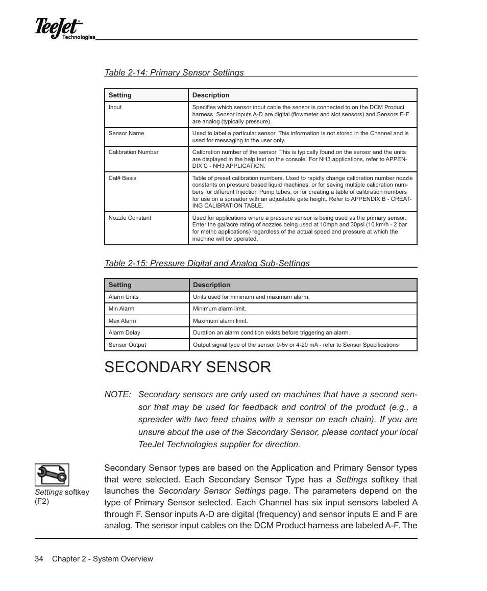 Secondary sensor, Table 2-14: primary sensor settings | TeeJet Legacy 6000 Manual User Manual | Page 39 / 159