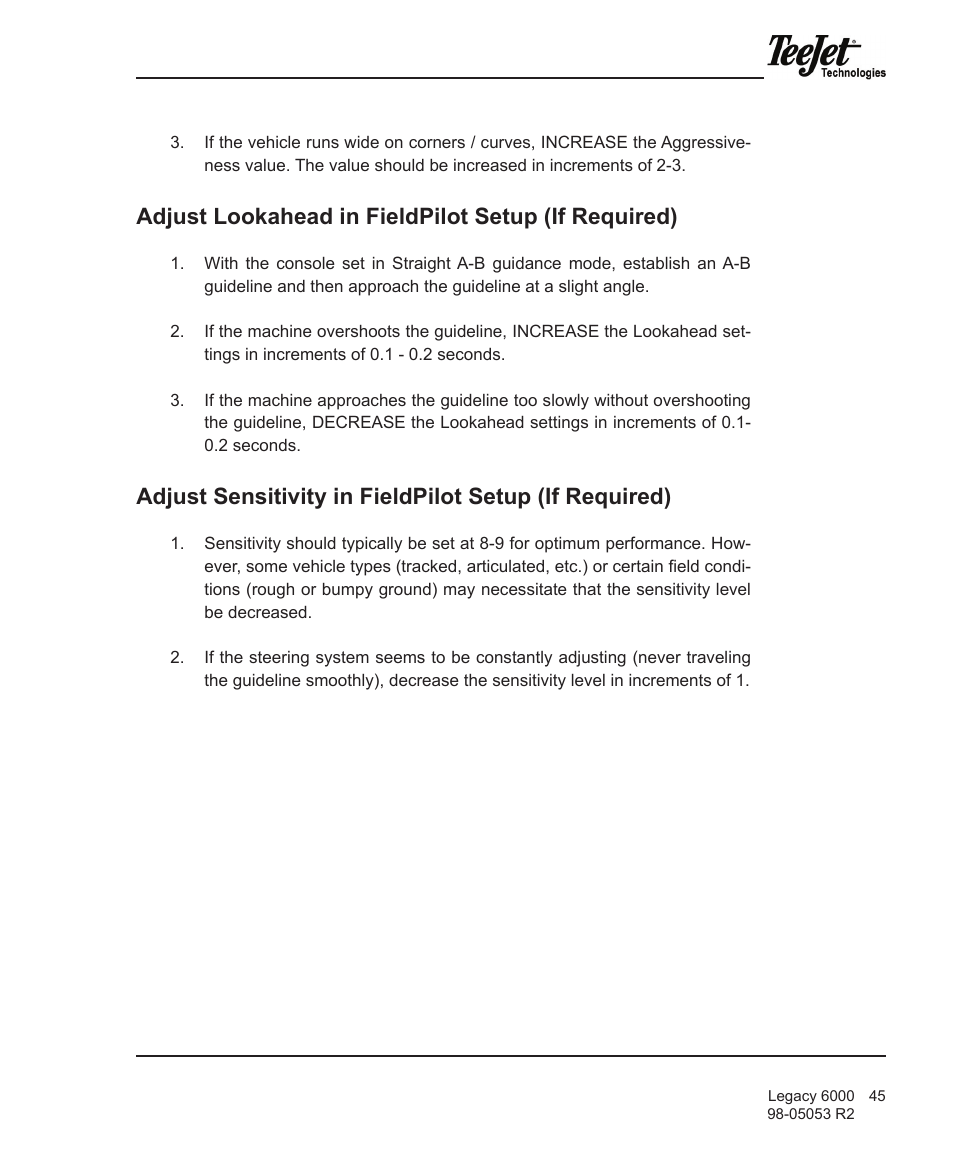 Adjust lookahead in fieldpilot setup (if required) | TeeJet Legacy 6000 Manual User Manual | Page 50 / 159