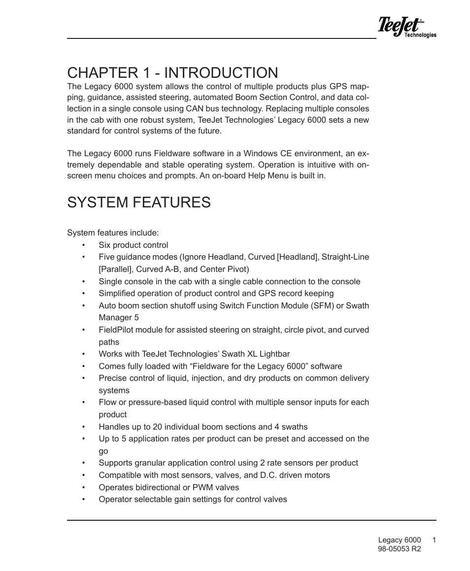 Chapter 1 - introduction, System features | TeeJet Legacy 6000 Manual User Manual | Page 6 / 159