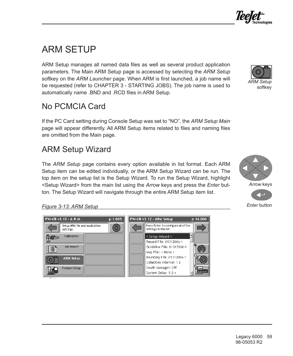 Arm setup, No pcmcia card, Arm setup wizard | TeeJet Legacy 6000 Manual User Manual | Page 64 / 159