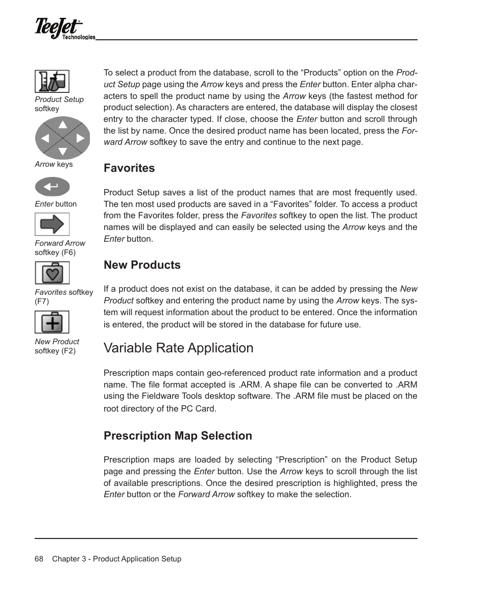 Variable rate application, Favorites, New products | Prescription map selection | TeeJet Legacy 6000 Manual User Manual | Page 73 / 159