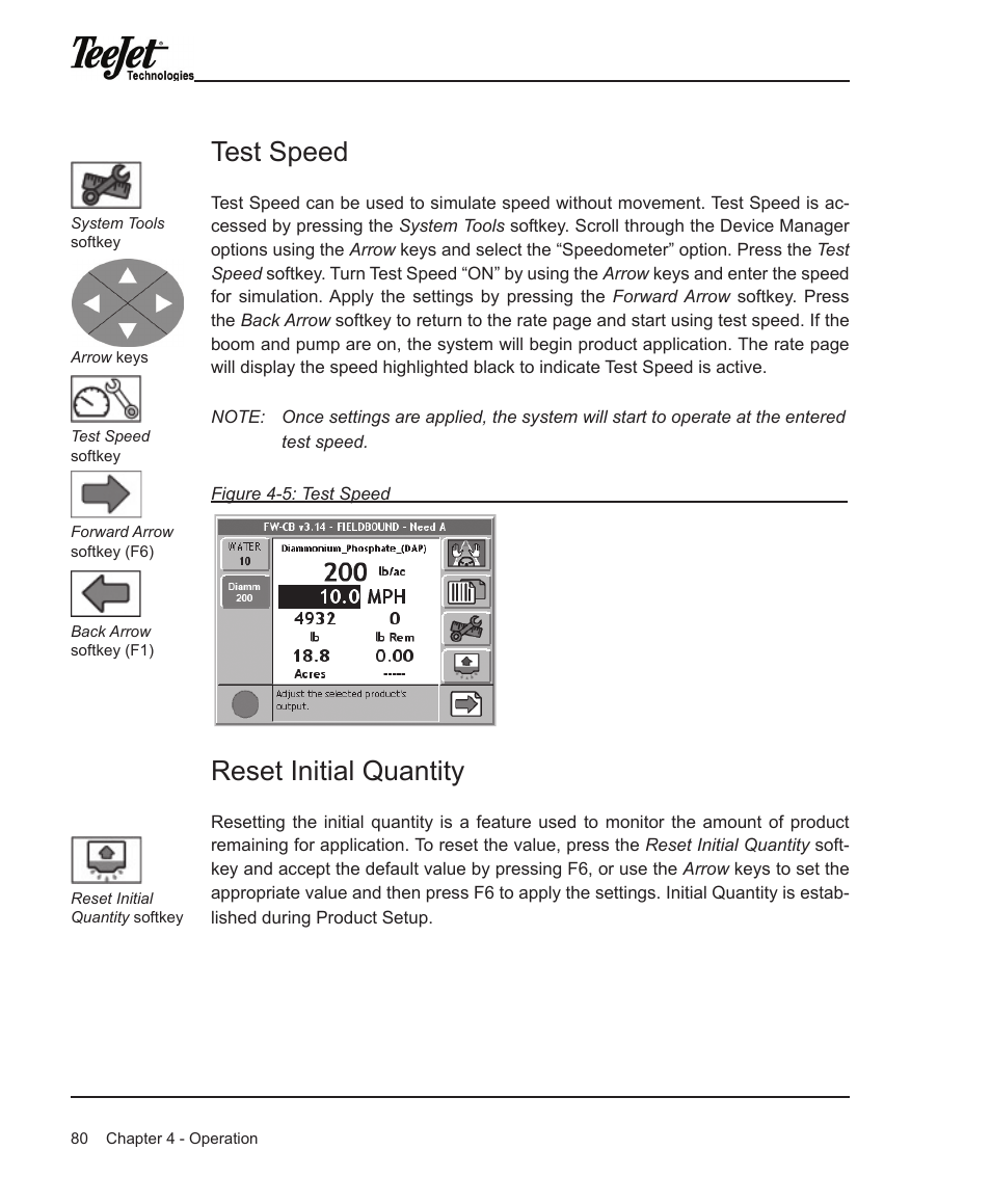 Test speed, Reset initial quantity | TeeJet Legacy 6000 Manual User Manual | Page 85 / 159