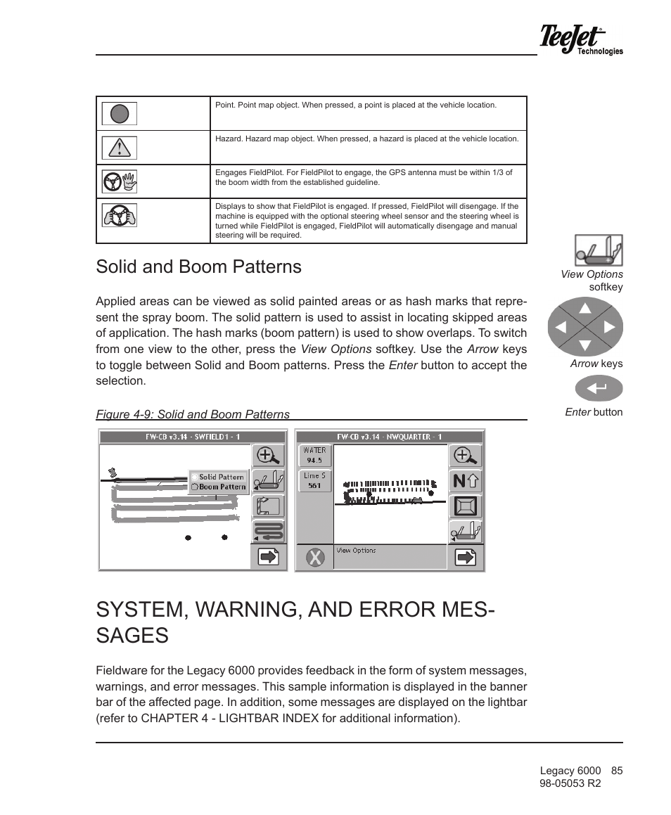 System, warning, and error mes- sages, Solid and boom patterns | TeeJet Legacy 6000 Manual User Manual | Page 90 / 159