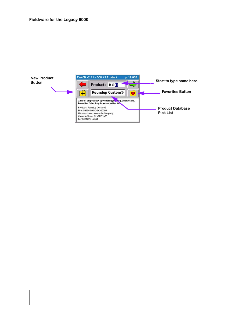 Select the product name, Selecting a product from the products database, Favorites | New product, Select the product name -38 | TeeJet Legacy 6000 CAN Guide User Manual | Page 108 / 194