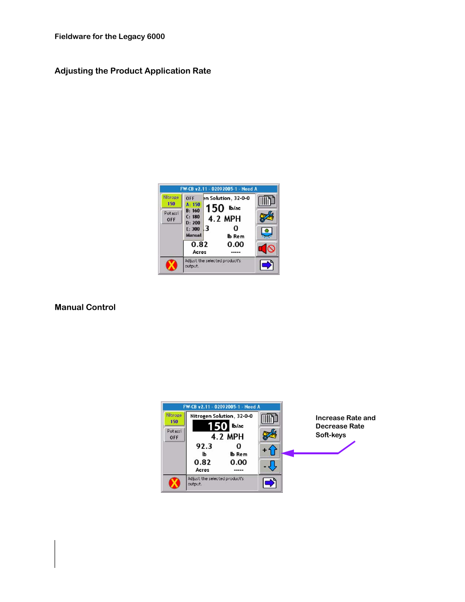 Adjusting the product application rate, Figure 4-5: adjusting a product rate, Manual control | Figure 4-6: manually adjusting an application rate | TeeJet Legacy 6000 CAN Guide User Manual | Page 118 / 194