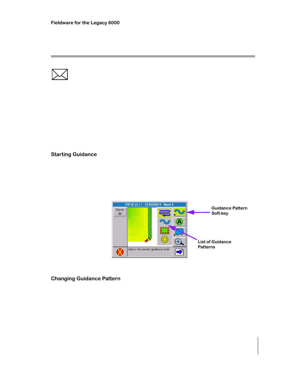 Real-time guidance operation, Starting guidance, Changing guidance pattern | Real-time guidance operation -13 | TeeJet Legacy 6000 CAN Guide User Manual | Page 127 / 194