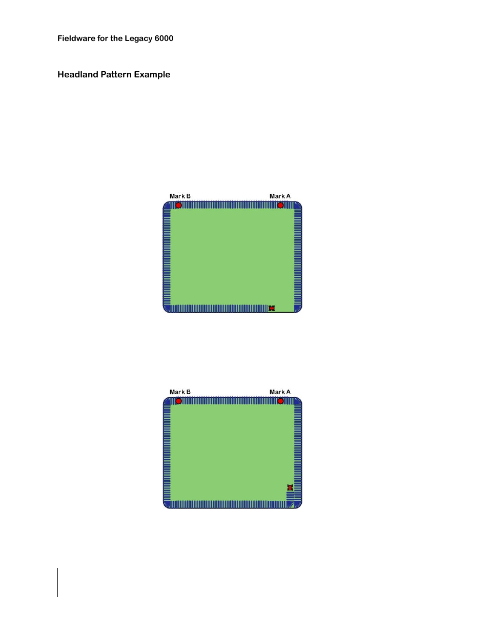 Headland pattern example, Figure 4-18: completing the first headland circuit, Figure 4-19: starting the second headland pass | Headland pattern example -16 | TeeJet Legacy 6000 CAN Guide User Manual | Page 130 / 194