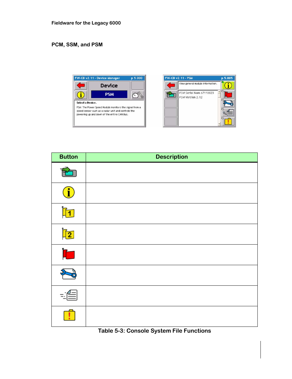 Pcm, ssm, and psm, Pcm, ssm, & psm softkeys and description, Table 5-3: console system file functions | Pcm, ssm, and psm -5, Pcm, ssm, & psm softkeys and description -5 | TeeJet Legacy 6000 CAN Guide User Manual | Page 159 / 194