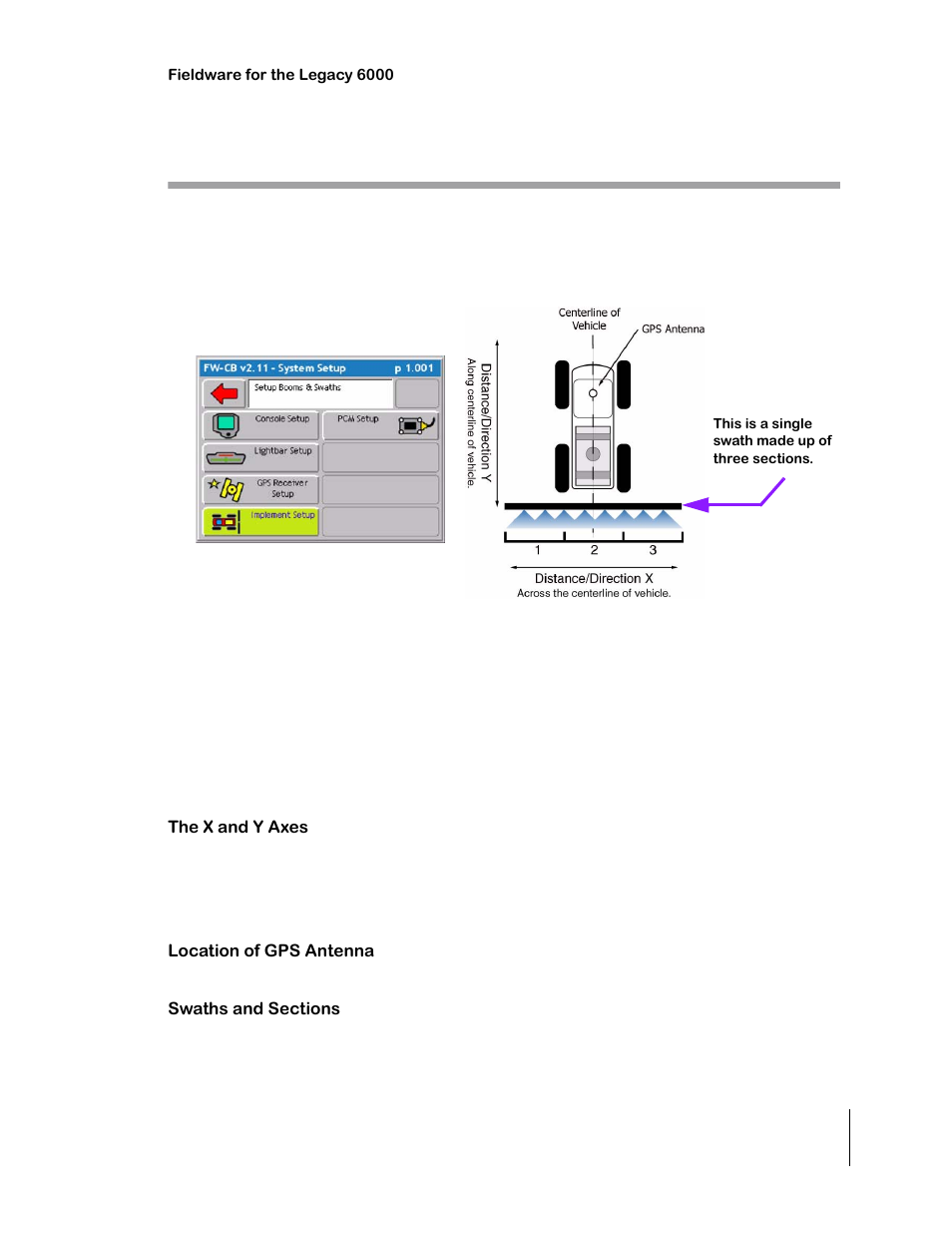 Implement setup, The vehicle coordinate system, The x and y axes | Location of gps antenna, Swaths and sections, Implement setup -11, The vehicle coordinate system -11 | TeeJet Legacy 6000 CAN Guide User Manual | Page 41 / 194