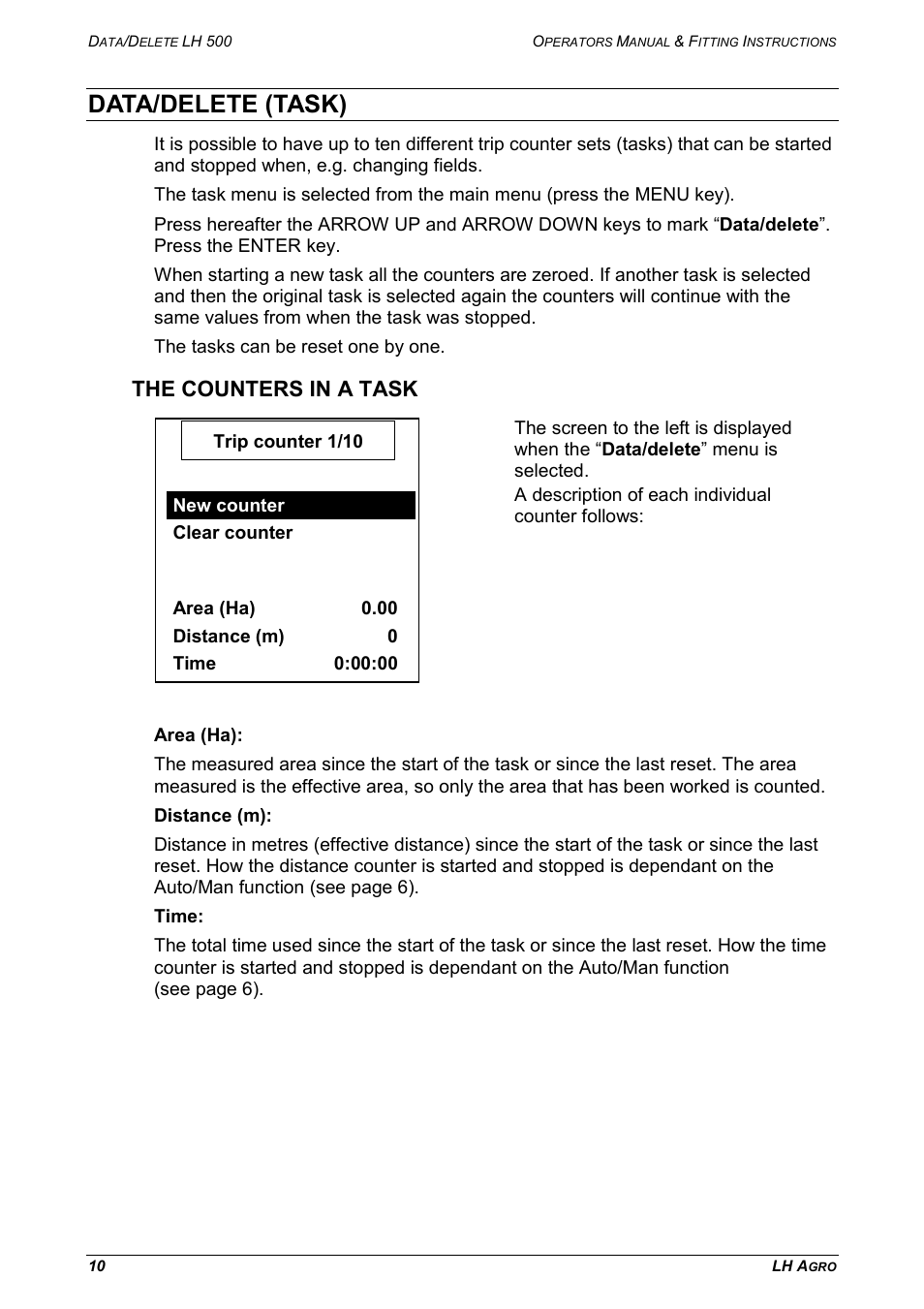 Data/delete (task), The counters in a task, E 10) | TeeJet LH 500 User Manual | Page 10 / 16
