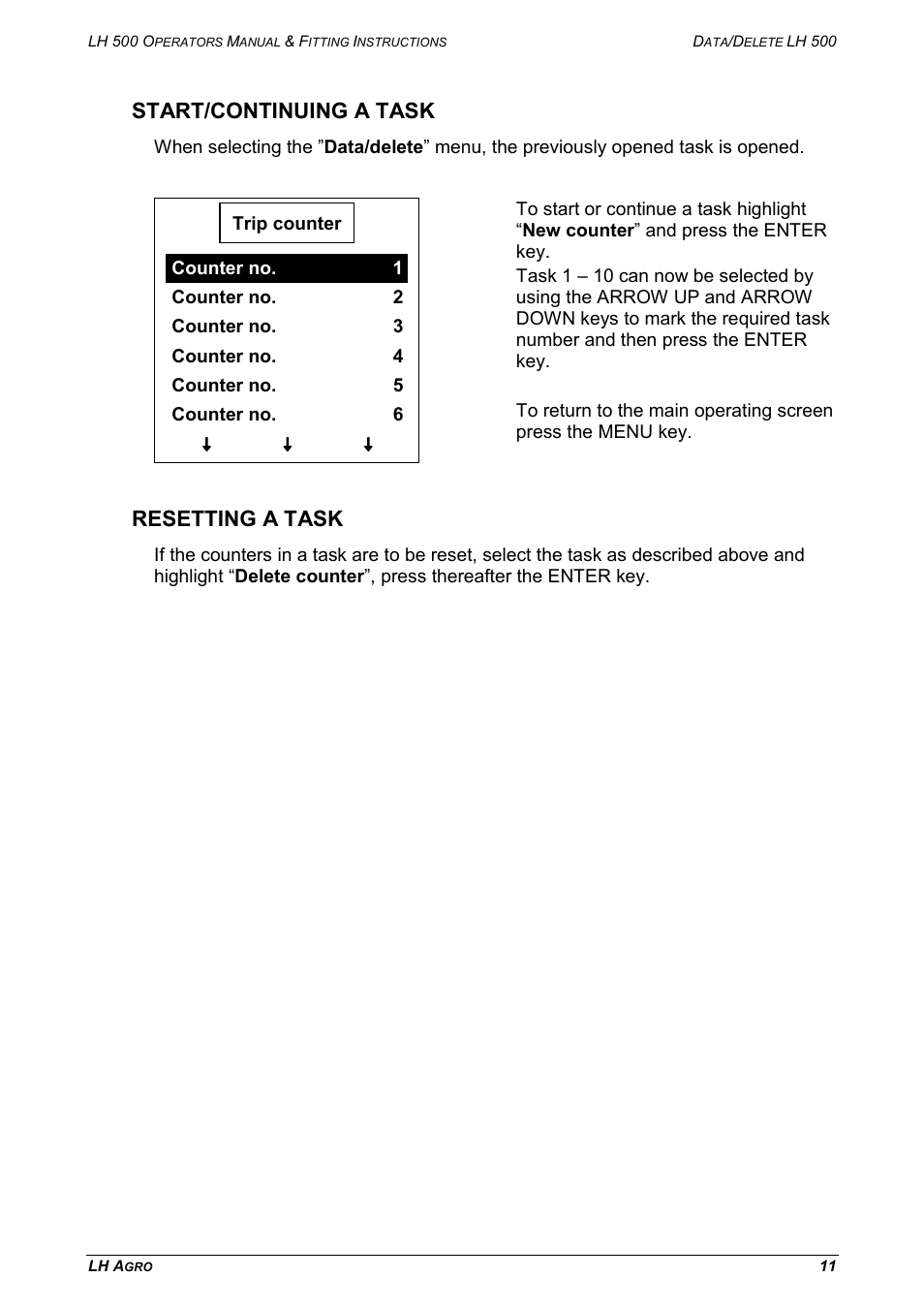 Start/continuing a task resetting a task, Start/continuing a task, Resetting a task | TeeJet LH 500 User Manual | Page 11 / 16