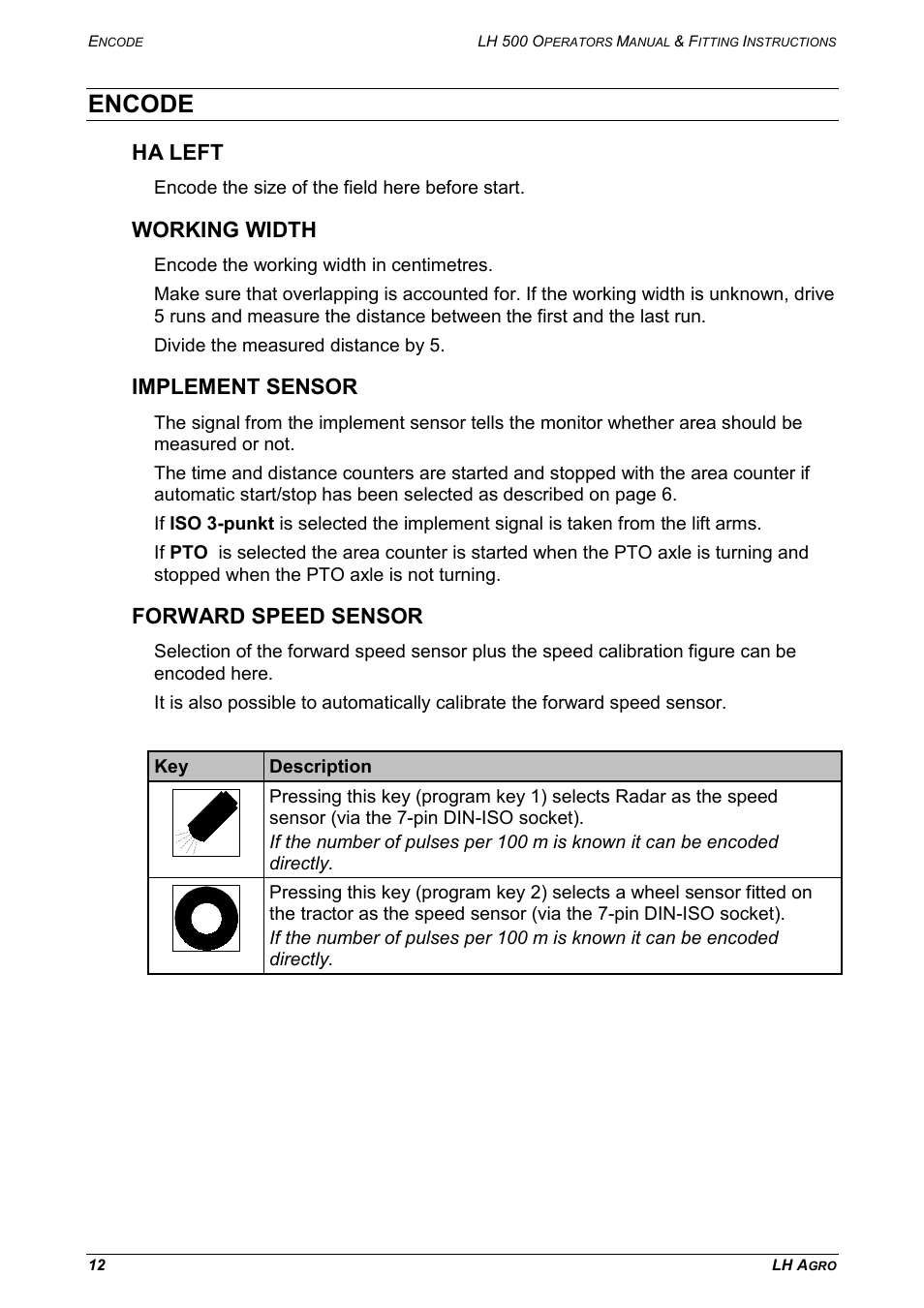 Encode, Ha left, Working width | Implement sensor, Forward speed sensor | TeeJet LH 500 User Manual | Page 12 / 16