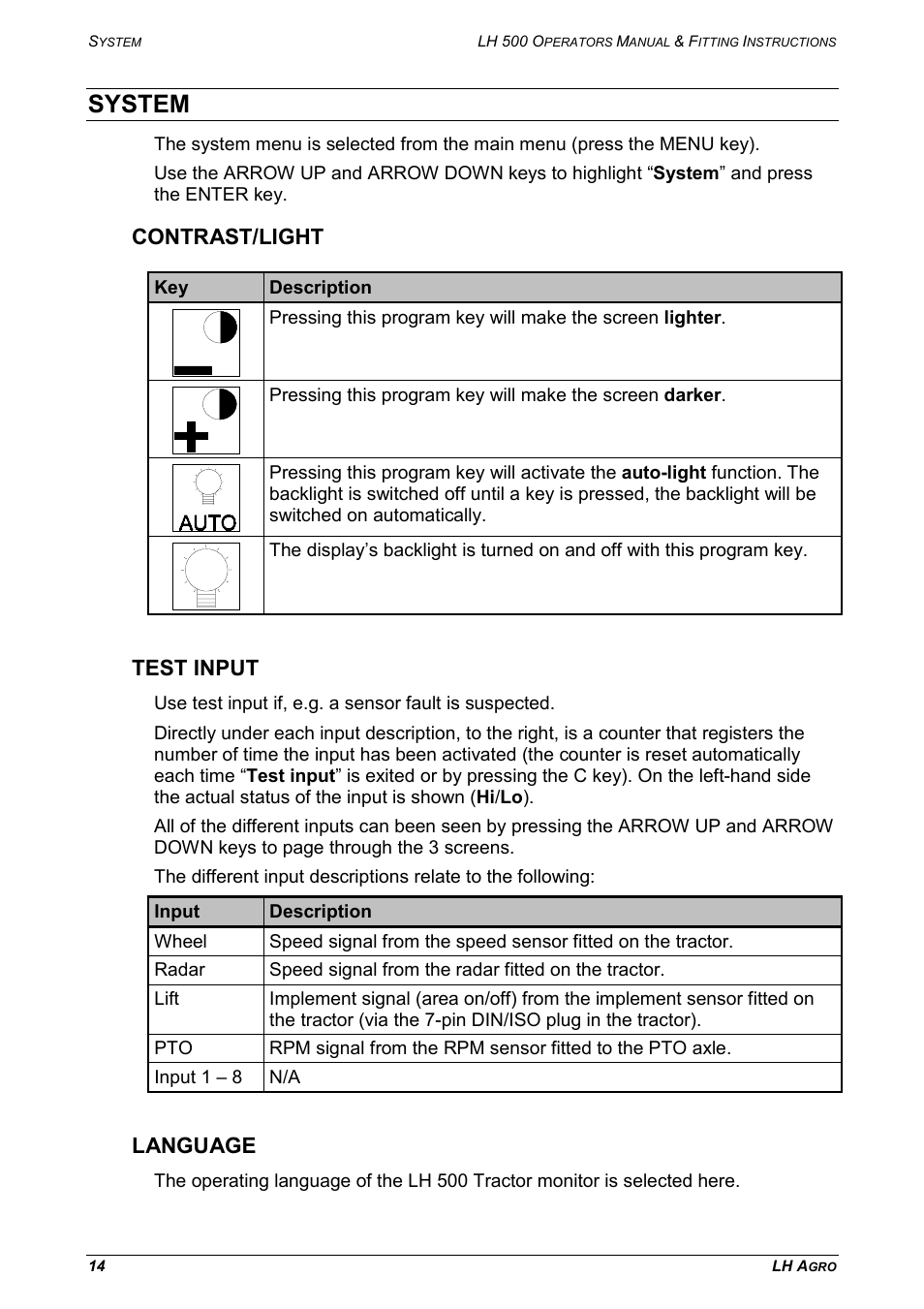 System, Contrast/light test input language, Contrast/light | Test input, Language | TeeJet LH 500 User Manual | Page 14 / 16