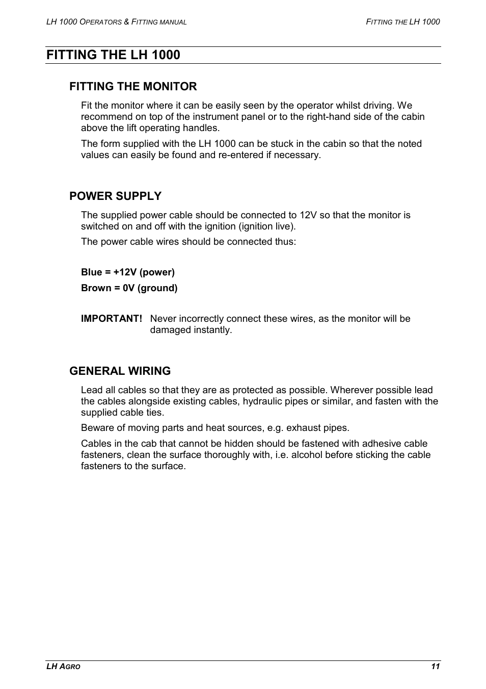 Fitting the lh 1000, Fitting the monitor power supply general wiring, Fitting the monitor | Power supply, General wiring | TeeJet LH 1000 User Manual | Page 11 / 16