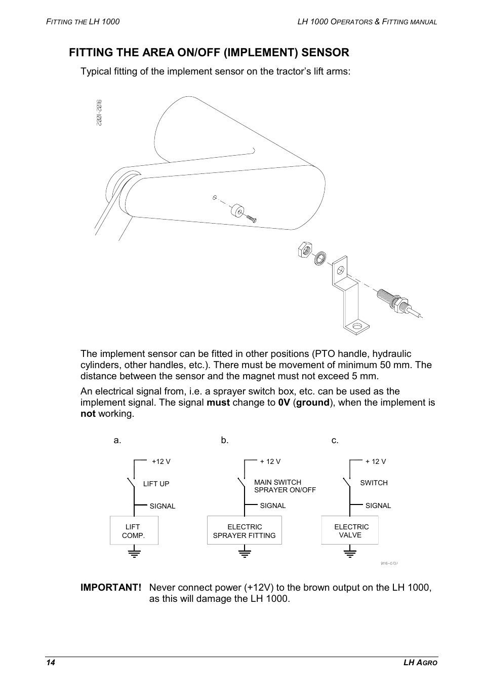 Fitting the area on/off (implement) sensor, A. b. c | TeeJet LH 1000 User Manual | Page 14 / 16