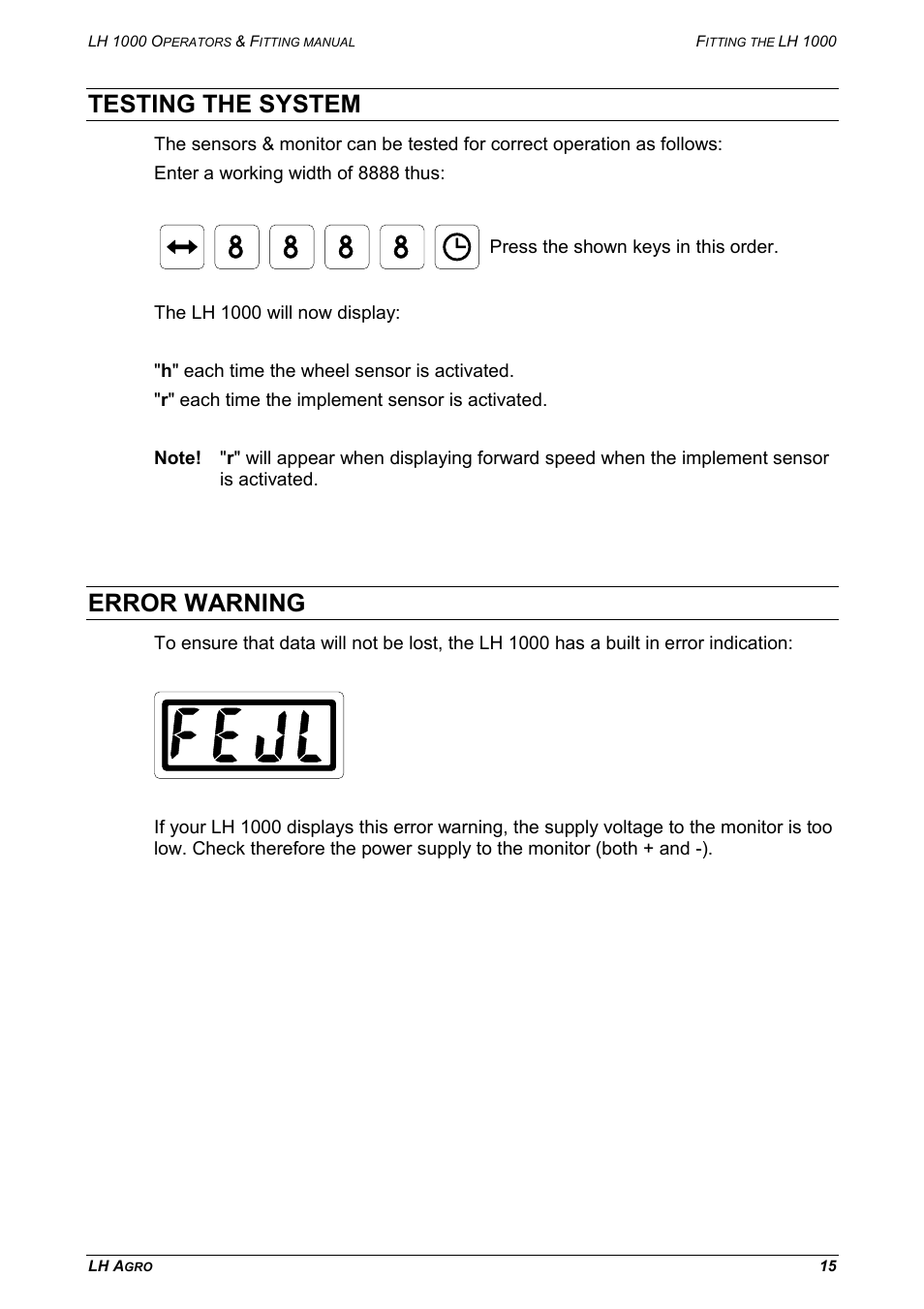 Testing the system, Error warning | TeeJet LH 1000 User Manual | Page 15 / 16